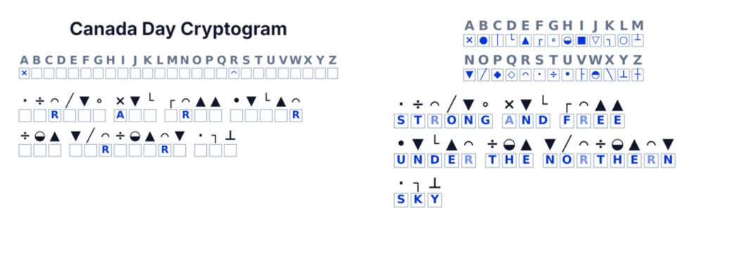 Cryptogram secret code puzzle for kids, decode the message, Canada Day theme, printable worksheet
