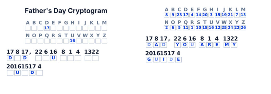 Fathers Day Cryptogram secret code puzzle for adults, decode the message, printable