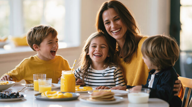 Happy mother laughs with three children during a sunny family breakfast at home with juice and pancakes.