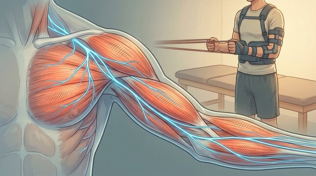 Anatomical illustration of arm muscles and nerves with patient undergoing physical therapy