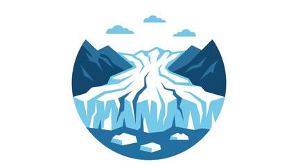 Melting glacier between mountains in a circular badge. © satrio94