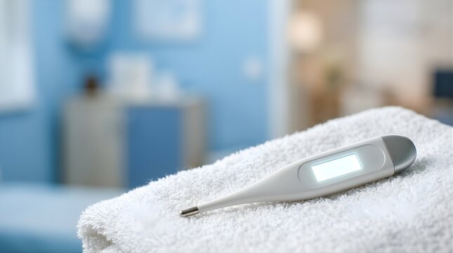 Digital thermometer resting on a soft towel for medical health check