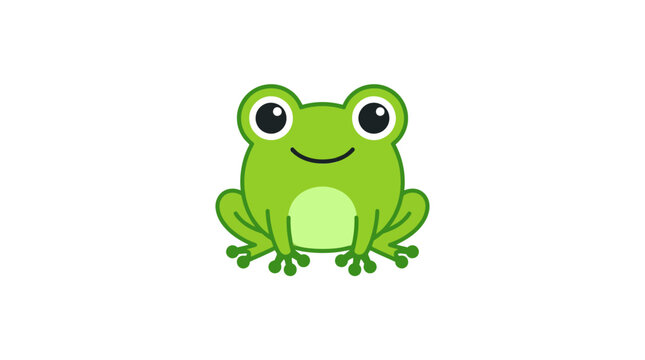 Cute green cartoon frog sitting on white background.