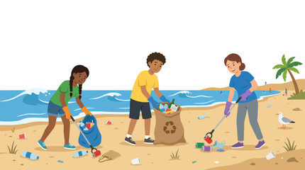 Volunteers collecting plastic trash on a beach. © satrio94