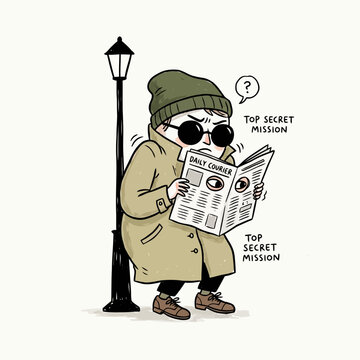 Secret agent in disguise reading newspaper with eye holes under street lamp on mission.