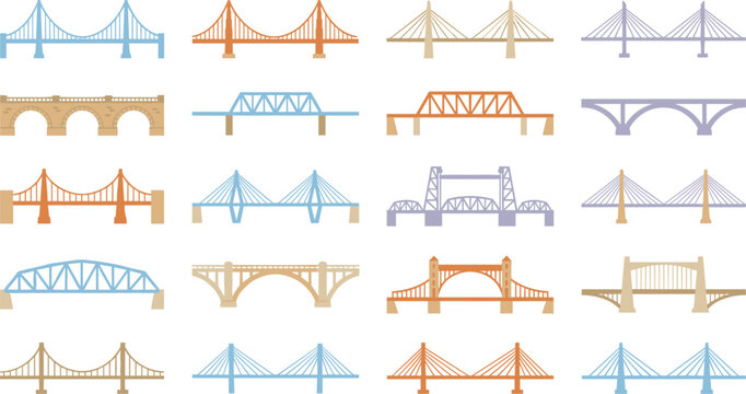 Modern Bridge Architecture Vector Icon Set Featuring Suspension Cable Stayed Truss and Arch Structure Styles Isolated on a White Background for Infographics