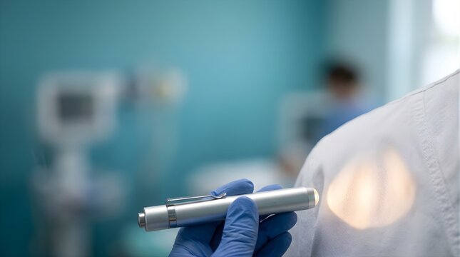 Doctor holding a penlight for medical examination in a clinic office
