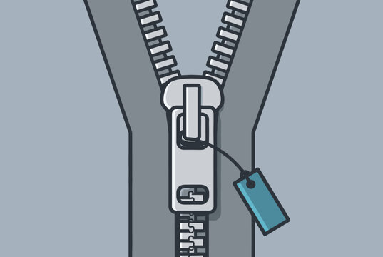 Metal zipper slider opening with a blank blue retail price tag hanging, fashion shopping concept vector art.