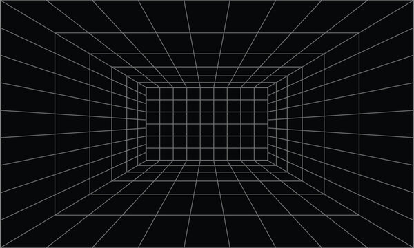 Perspective 3d grid on black background. Abstract wireframe grey grid line