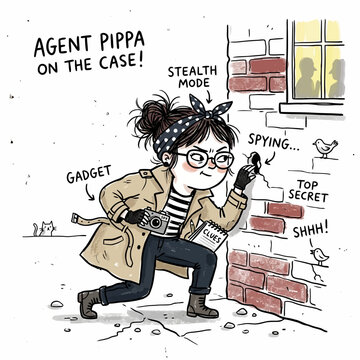 Agent Pippa on case, in stealth mode, spying behind brick wall, holding camera and notepad.