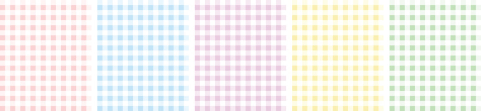 Pastel plaid gingham seamless pattern collection. Blue, Yellow, red, purple and green plaid checkered backgrounds 