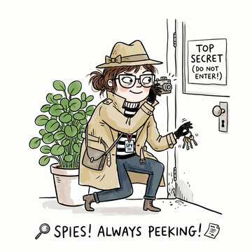 Woman spy with camera taking photo of top secret door.