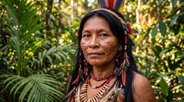 Close-up portrait of an indigenous Amazonian woman in traditional body paint