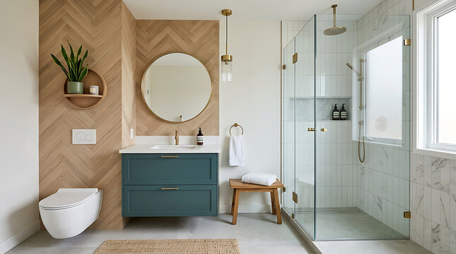 Modern bathroom with teal vanity sink, round mirror, walk in shower, wooden stool, and potted plant isolated on transparent background