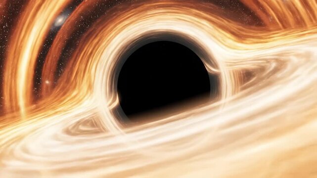 Black hole demonstrating immense gravitational mass, pulling towards singularity, a deep spacetime cosmic phenomenon within universe, visualizing luminous accretion disk, approaching event horizon.