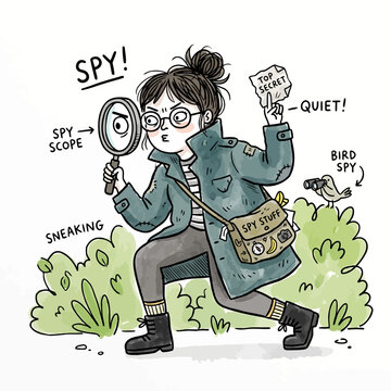 Cartoon spy girl sneaking behind bushes with bird accomplice and holding top secret document.