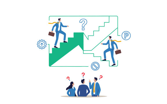 Ambitious Businessman Walking Up Stairs from Side Perspective While Paradoxically Descending Symbolizing Career Growth, Business Challenges, Success Mindset, Leadership and Determination Concept