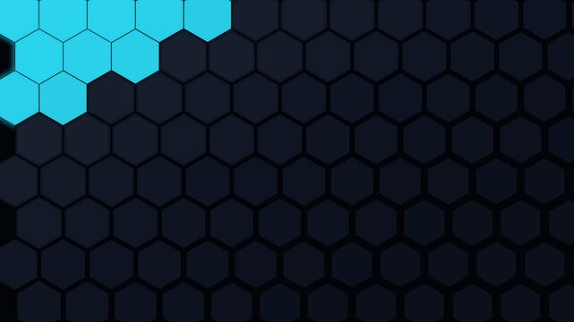 Hexagon grid glowing blue light sweeping diagonally across dark honeycomb panel with digital technology background for sci-fi interface.
