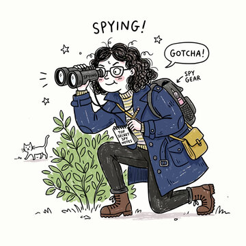 Professional female spy in blue coat with backpack spying on white cat in garden.