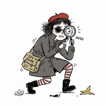 A cute cartoon girl detective character with an eye patch and beret, holding a magnifying glass and looking at a footprint, near a banana peel.
