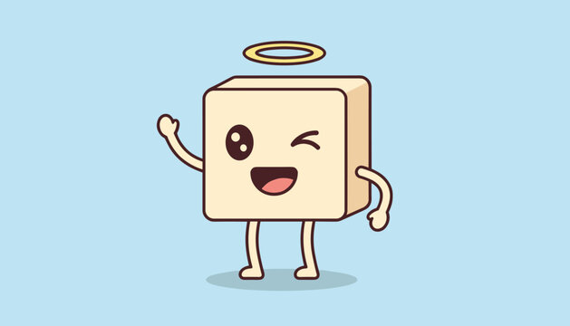 Cheerful little beige cube character with a golden halo winks and waves happily against a clean blue background.