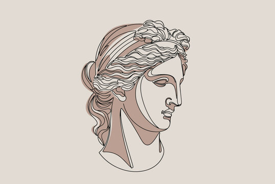 Classical greek goddess bust depicted in elegant continuous line art with soft pastel terracotta highlights.