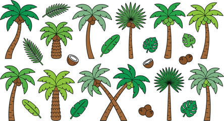 Obraz premium Palm tree vector icon set featuring tropical coconut palms fan leaves monstera and banana foliage for summer vacation design