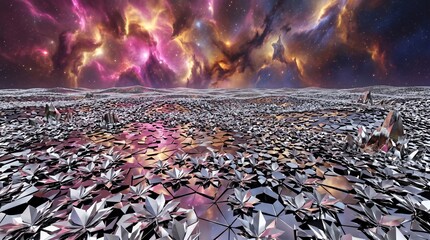 Fototapeta premium Endless Alien Plain Covered with Metallic Polygonal Flowers under a Vibrant Nebulous Cosmic Sky