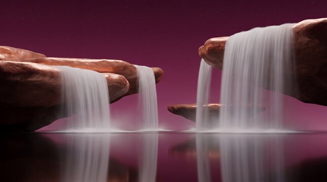 Minimalist Surreal Waterfalls Cascading from Rocky Plateaus into Reflective Liquid Under a Magenta Starry Sky