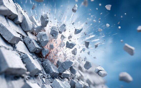 Violent Concrete Facade Explosion with Debris Flying Outward