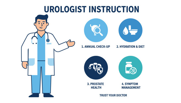 Professional urologist doctor in a white coat presenting helpful medical instructions and healthy tips for prostate care.