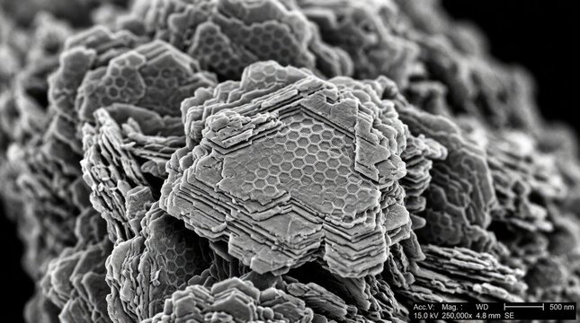 Graphite anode surface of lithium ion battery, showing microscopic crystalline hexagonal lattice, carbon particles scanned with electron microscope, displaying detailed energy storage structure.