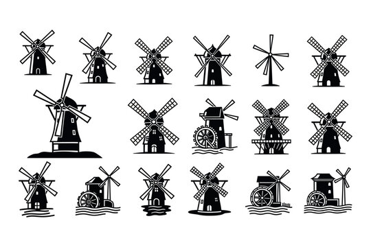 Vintage windmill silhouette collection a black and white pattern of dutch windmills in various styles