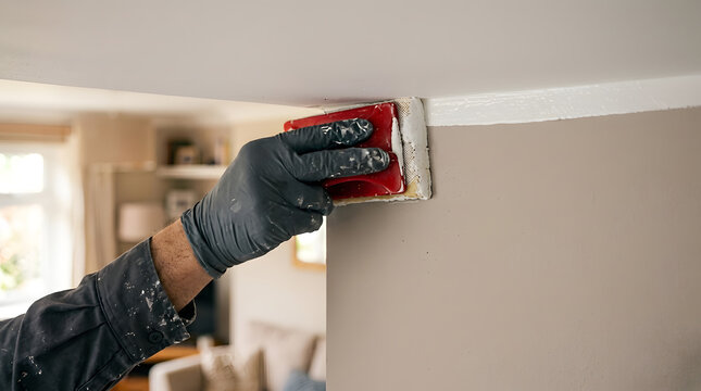 professional home interior painting | using paint pad for edging | diy room wall renovation | gloved hand cutting in ceiling edge