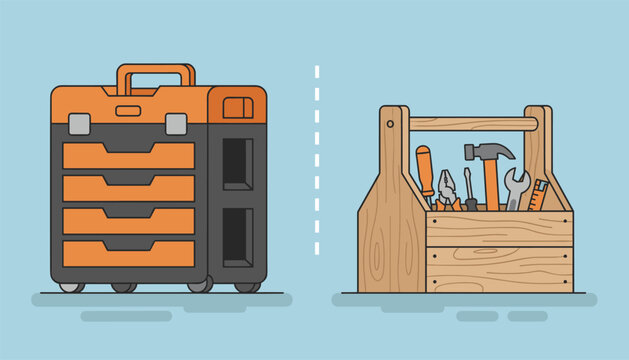 Smart side-by-side comparison of a modern heavy-duty plastic rolling toolbox and a traditional wooden open tool box.