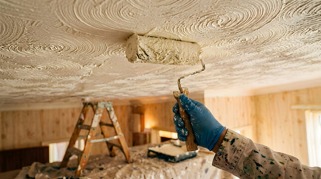 Professional painter applying white paint to textured ceiling | DIY home renovation ceiling painting project | Close up of hand in blue glove using paint roller |Interior home improvement and painting