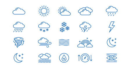 Naklejka premium Blue minimalist weather forecast symbols set including rain snow sun and storm clouds line icon vector graphics for climate apps