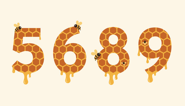 Creative vector font set of numbers five, six, eight, and nine styled as golden honeycombs dripping with honey and active bees.