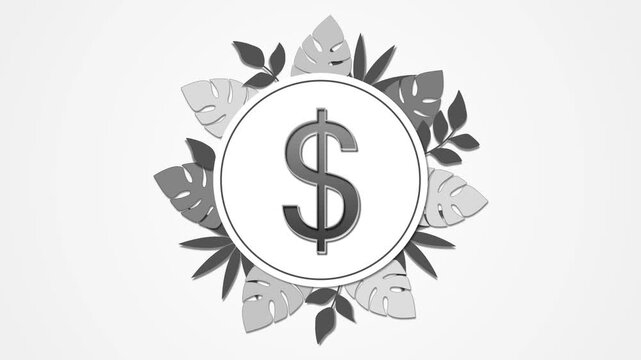 Dollar sign emblem framed by tropical leaves on soft mint background animation