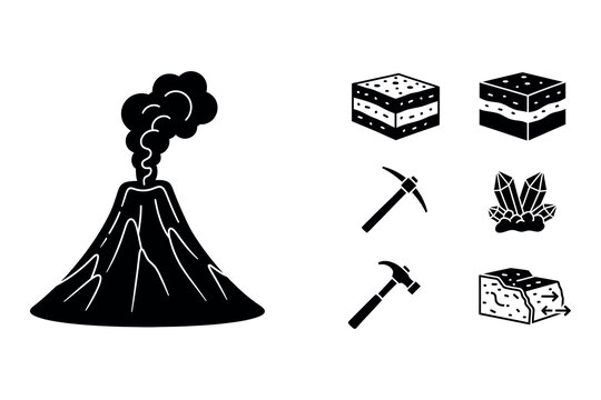 Black and white minecraft icons volcano blocks tools and foliage silhouette