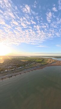 9:16 Vertical 4K Drone Aerial: Old Felixstowe Seafront and Shingle Beach at Sunset