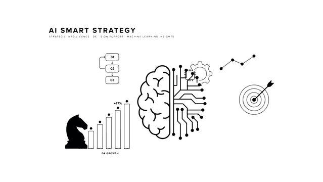 Ai smart strategy creative design with human brain integrated into circuit board pattern alongside chess piece performance charts and target success goal.