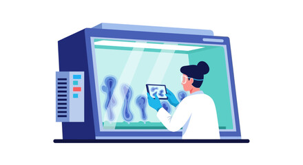 Fototapeta premium Scientist Analyzing Biological Samples in a Modern Laboratory with a Digital Tablet; Vector Illustration for Biotechnology, Research, and Healthcare Technology