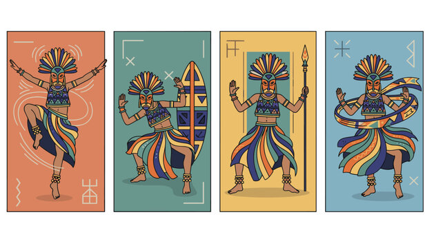 Set of pixel art cards illustrating traditional tribal warriors performing ceremonial dances in colorful native attire.