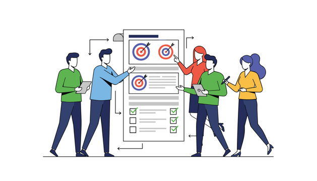 Diverse business team collaborating and analyzing high priority target goals displayed on a giant mobile application wireframe.