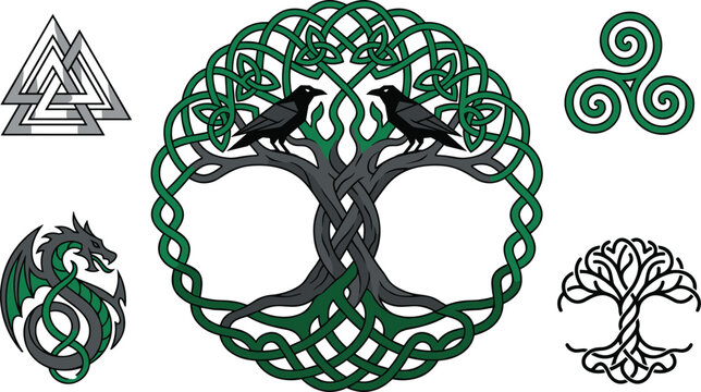 Norse Celtic Tree of Life Collection Featuring Ravens, Triskelion Symbols, Valknut, Dragon Emblem, and Sacred Knotwork Designs