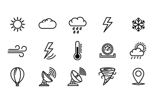 Weather icons set sun clouds rain lightning snow wind and atmospheric phenomena