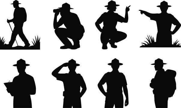 Set of silhouettes of park rangers and scouts performing various outdoor nature activities