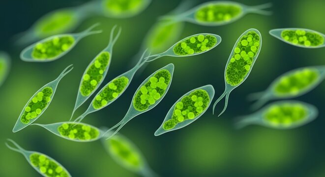 Microscopic green algae swimming in dark aquatic environment