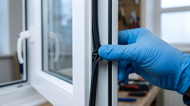Professional window seal replacement and repair|Improving home energy efficiency with window gaskets|Maintaining uPVC window frames for better insulation|Close up of worker installing rubber window se